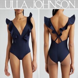 Ulla Johnson Evelina Ruffle Plunge One-Piece Swimsuit, Navy, Size Medium, $380